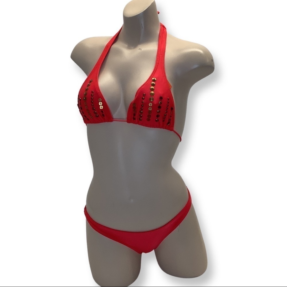 Recco Size Large Brazilian Red Sequence & Stones Bikini Set. New With Tags.